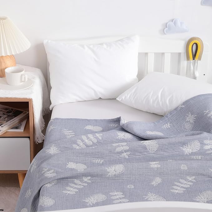 NTBAY 3 Layer Toddler Blanket, Muslin Cotton Jacquard Bed Blankets, Lightweight Thermal Baby Blanket, Super Soft and Warm Crib Blanket for All Seasons, Decoration Gift, 30"x40", Blue Pineapple