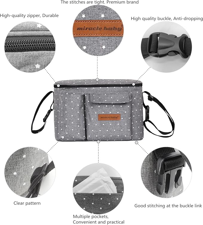 Miracle Baby Stroller Organizer Bag for Mom,Universal Stroller Storage Caddy Diaper Bag- Compatible with Most Stroller - Multifunctional Larg(Gray White Star)