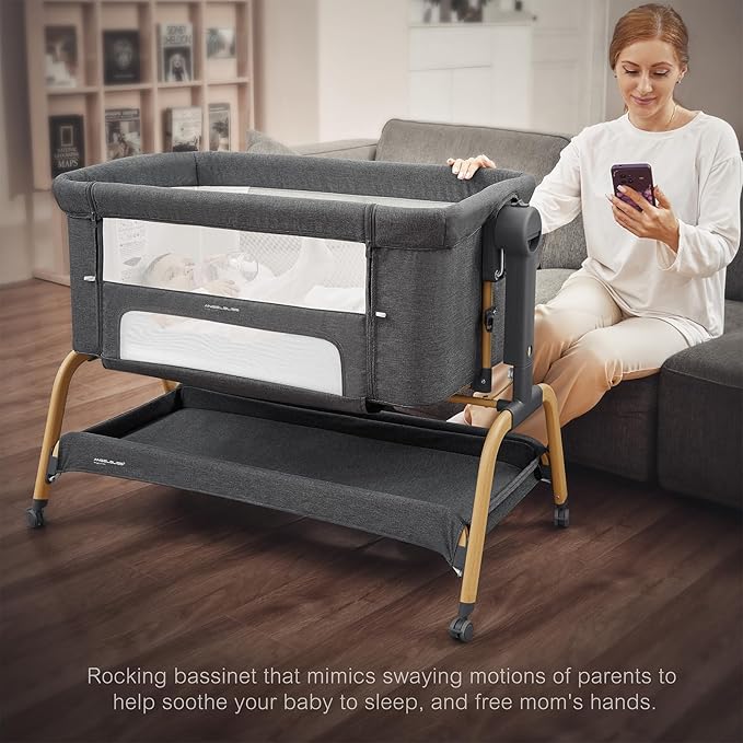 ANGELBLISS 3 in 1 Baby Bassinet, Rocking Bassinets Bedside Sleeper with Comfy Mattress and Wheels, 6 Height Adjustable Easy Folding Portable Bedside Crib for Newborn Infant (Dark Grey)