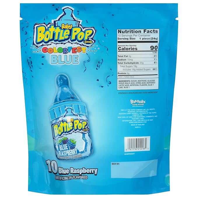 Baby Bottle Pop Candy Blue Lollipops, 10 Ct Bulk Lollipops with Dipping Powder in Blue Raspberry Flavor, Full Size, Individually Wrapped Hard Candy For Gender Reveal, Baby Showers & Goodie Bags