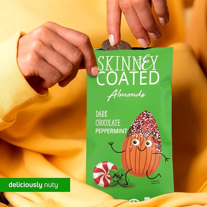 Skinny Coated Almonds Dark Chocolate Peppermint Flavored Healthy Chocolate Snacks Bulk - Skinny Almonds, Kosher, Gluten Free Snacks for Adults, 1.2Oz Bag, 6 Pack