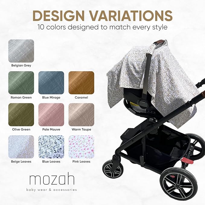 MOZAH Baby Car Seat Cover - Beige Leaves - 100% Organic Muslin - Soft, Breathable and Lightweight, Baby Infant Car Seat Essentials