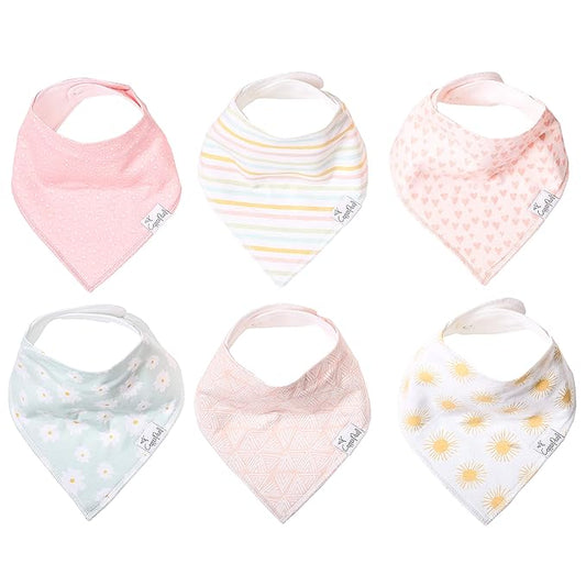 Copper Pearl 6 Pack Soft Cotton Baby Bibs for Drooling and Teething, Absorbent Drool Bibs for Baby Girl, Adjustable to Fit Newborns to Toddlers, Tons of Styles (Sunny Set)