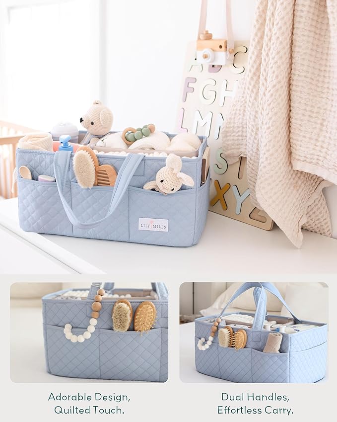 Lily Miles Baby Diaper Caddy Organizer, Quilted Nursery Storage Organizer for Newborn Essentials and Diaper Changing Station, Gift for Baby Shower and Registry Must-Have (Baby Breeze)