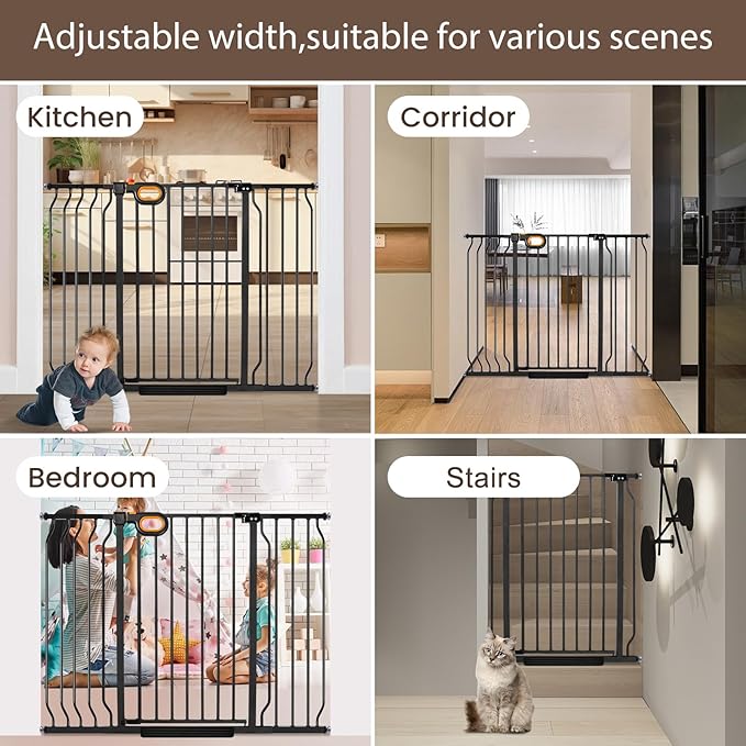 owlie 37.4" Extra Tall Wide Baby Gate for Stairs Doorways,29-52 Inch Extra Large Long Baby Gate with Door Indoor Safety Metal Pressure Mounted Pet Gate with Walk-Thru Auto Close, Black