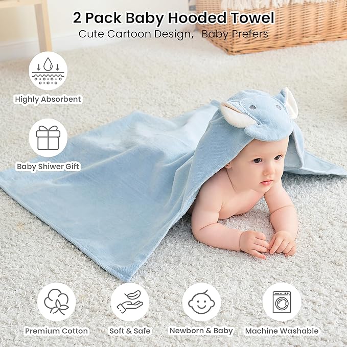 Mooreeke 2 Pack Baby Towels - 100% Cotton Baby Hooded Towels - Soft Baby Bath Towels with Hood for Newborn - Comfort Towels for Baby Girls and Boys - Animal Shaped Design (Elephants)