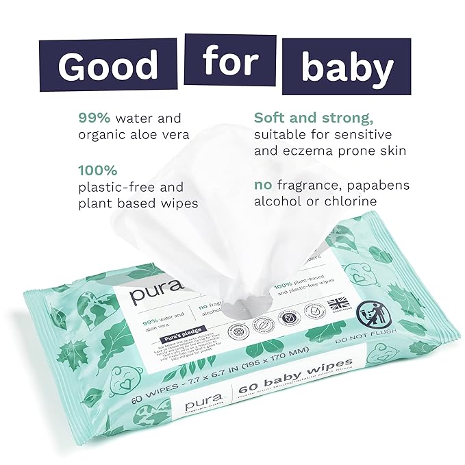 Pura Baby Wipes 3 x 60 per pack (180 Wipes) 100% Plastic-Free & Plant Based Wipes, 99% Water, Suitable for Sensitive & Eczema-prone Skin, Fragrance Free & Hypoallergenic, EWG, Cruelty Free (Pack of 2)
