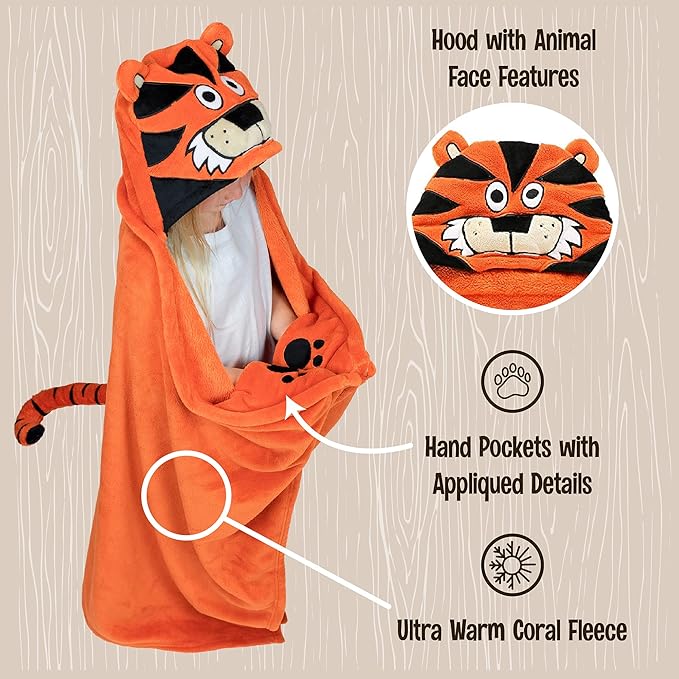 Lazy One Wearable Hooded Blanket for Kids, Animal Hooded Blanket (Tiger)