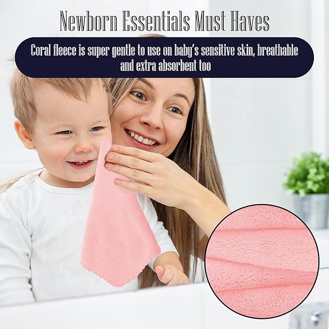 32 Pack Baby Washcloths - Luxury Coral Fleece - Extra Absorbent and Soft Wash Clothes for Newborns, Infants and Toddlers - Suitable for Sensitive Skin and New Born - Baby Shower - Pink, 10x10 Inch