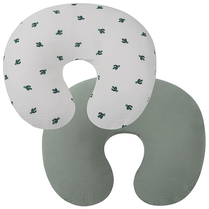 Onacosht Muslin Nursing Pillow Cover 2 Pack 100% Cotton Ultra Soft Breastfeeding Pillow Covers for Baby Boy and Girl, Cactus and Green