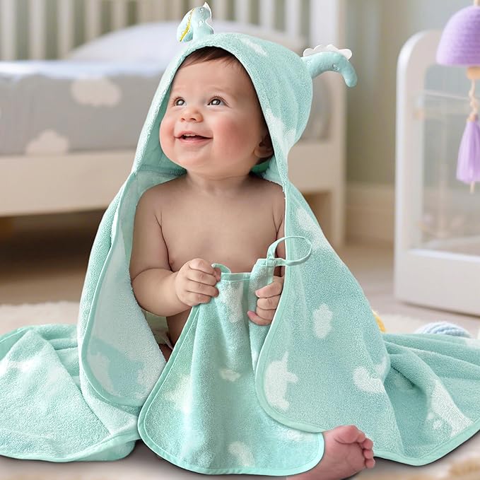 VOOVA & MOVAS Thick Baby Hooded Bath Towel - 100% Cotton,400GSM, 30.5x36 Inches,0-2Years, Super Absorbent Large Towel with Cute Dino Hood for Newborn, Baby, Infant, Baby Essentials,Dino