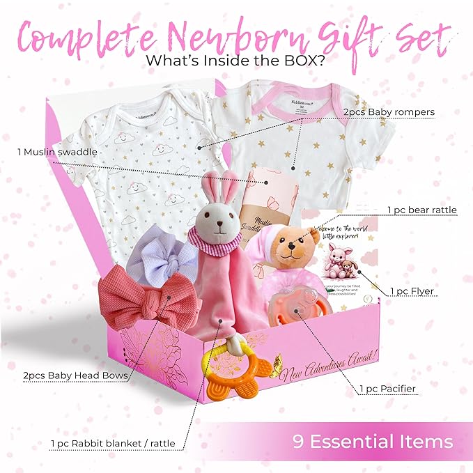 Newborn Gift Set, Baby Clothes, Baby Rattle, Baby Blanket, Swaddle, Pacifier, Gifts for New Baby Girl, Newborn Essentials, Baby Gift Set, Baby Gift Basket
