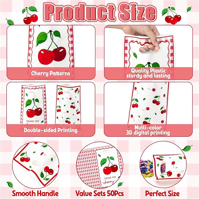 Cherry Party Favor Bags - 50Pcs Red Sweet Cherries Goody Candy Treat Gifts Bags, Fruit Berry Themed Party Decorations for Kids Girls Boys Birthday Baby Shower Fruit Events Supplies