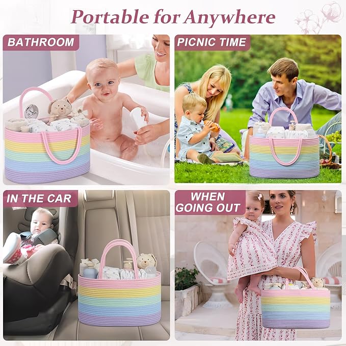 Baby Diaper Caddy Organizer, Cotton Rope Diaper Basket, Baby Basket for Changing Table, Nursery, Car, Changing Table Storage Bin With Removable Divider, Baby Shower Gifts for Newborn, Baby Essentials