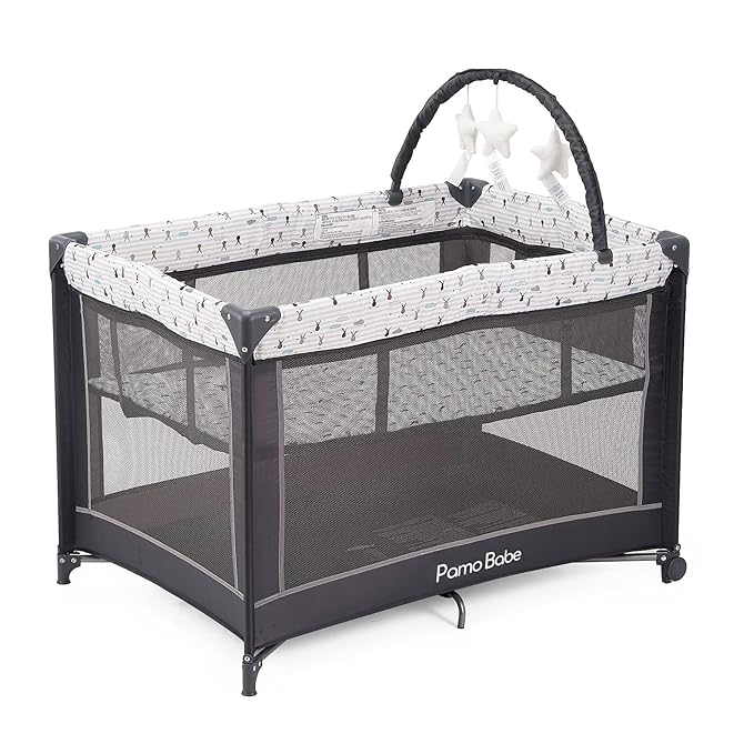 Pamo Babe Portable Playard,Sturdy Play Yard with Padded Mat and Toy bar with Soft Toys