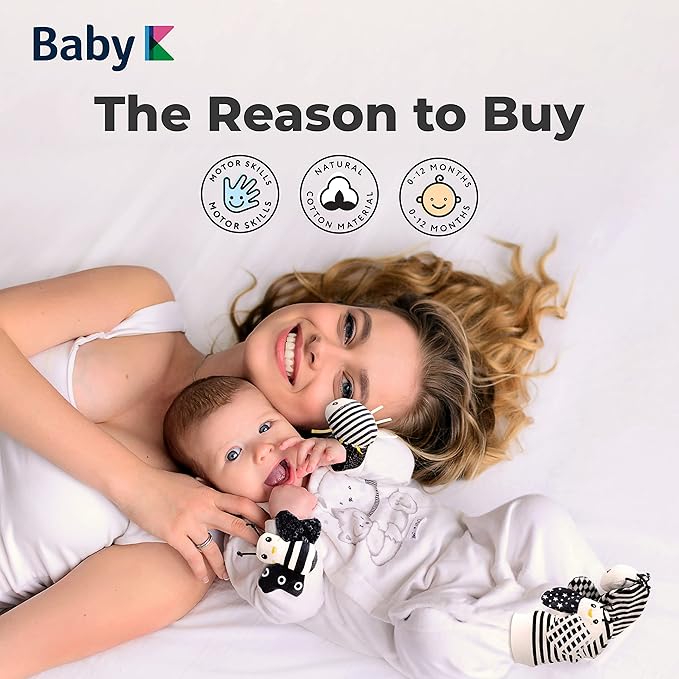 BABY K Baby Rattle Socks & Wrist Toys (Set E) - Newborn Toys for Baby Boy or Girl - Brain Development Infant Toys - Hand and Foot Rattles Suitable for 0-6, 6-12 Months Babies - Newborn Baby Gifts