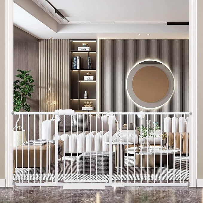 Extra Wide Baby Gate Tension Indoor Safety Gates White Metal Large Pressure Mounted Pet Gate Walk Through Long Safety Dog Gate for The House Doorways Stairs (71.65"-76.38"/182-194CM, White)