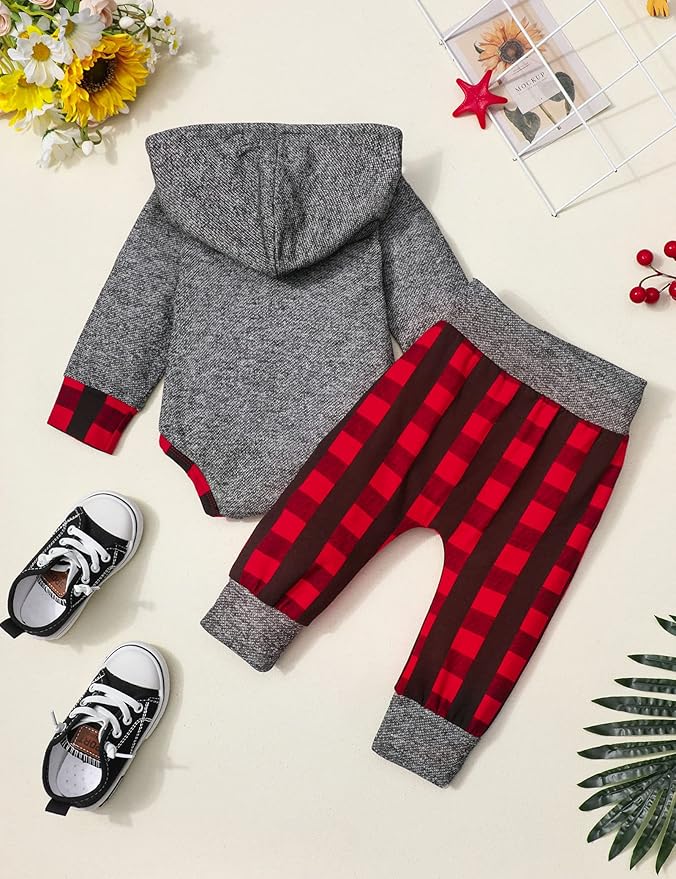 Fommy Newborn Baby Boy Clothes Plaid Letter Print Long Sleeve Hoodies + Long Pants 2PCS Fall Winter Outfits Set