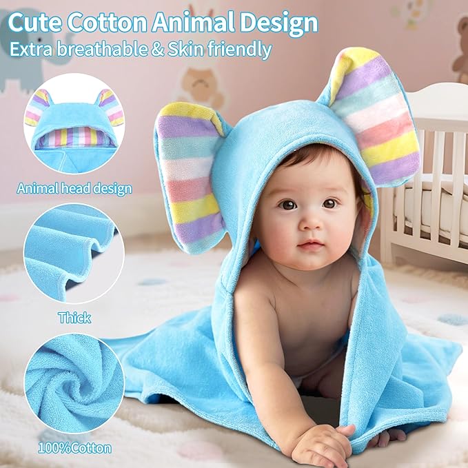 Thick Baby Hooded Bath Towel - 100% Cotton,500GSM, 33x31.5 Inches,0-2Years, Super Absorbent Large Towel with Cute Elephant Ears Hood for Newborn,Toddler,infant,Baby Essentials,Light Blue Blue