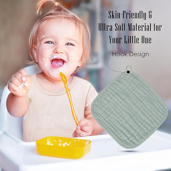 Baby Washcloths -100% Cotton Muslin Soft Baby Bath Wash Cloths and Absorbent Baby Wipes for Newborns Kids Girls and Boys - 12 Pack, 12x12 Inches - Green