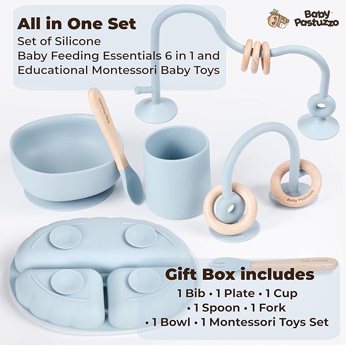 Set of Silicone Feeding Set 6 in 1 and Educational Montessori Toys, for Baby and Infant Toddlers (Dusty Blue)