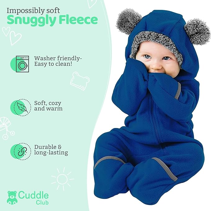 Cuddle Club Fleece Baby Bunting Bodysuit with Hood, Convertible Mittens & Booties, Car Seat Friendly, Soft & Warm, Easy Zip