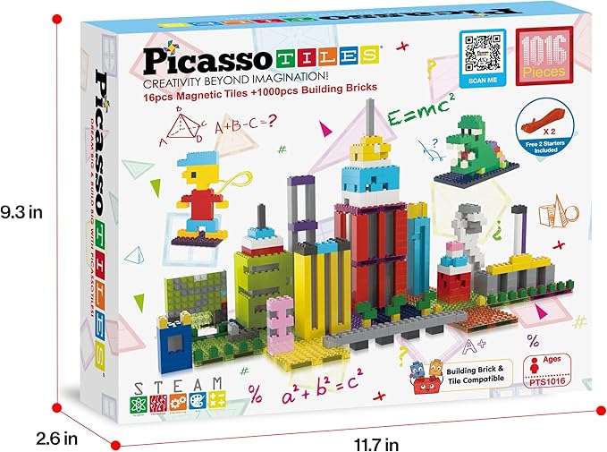 PicassoTiles 1016pcs Magnetic Tile & Building Brick Combo Construction STEM Toy Magnet Tiles for Creative Play Educational Toys for 3+ Large Bricks for Toddlers Compatible with Major Brands PTS1016