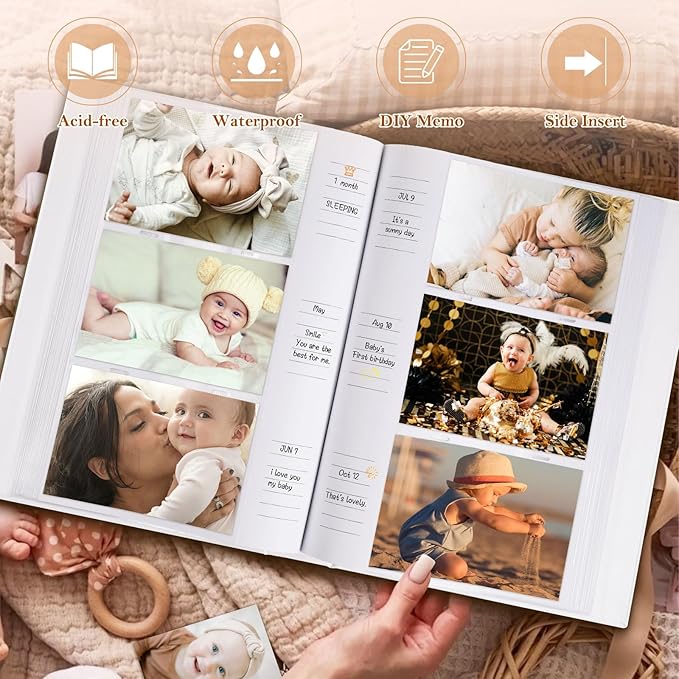 Lanpn Baby Photo Album 4x6 300 Pockets, Linen Hardcover Newborn Memory Book with Memo Writing Area, Bebe Photobook, Slip-in Picture Book, Ultrasound Album Keepsake Gifts for Boy Baby Shower Blue