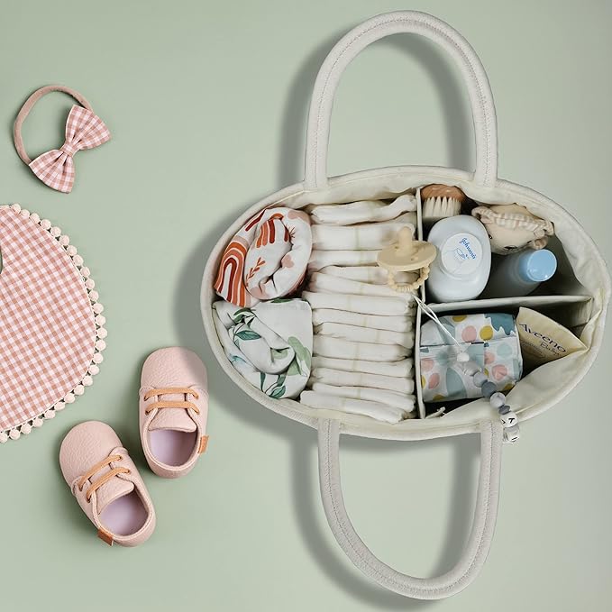 Large Baby Diaper Caddy Organizer for Girl Boy Rope Nursery Storage Bin Basket Portable Holder Tote Bag for Changing Table Car Travel Baby Shower Gifts Newborn Registry Must Haves White and Brown