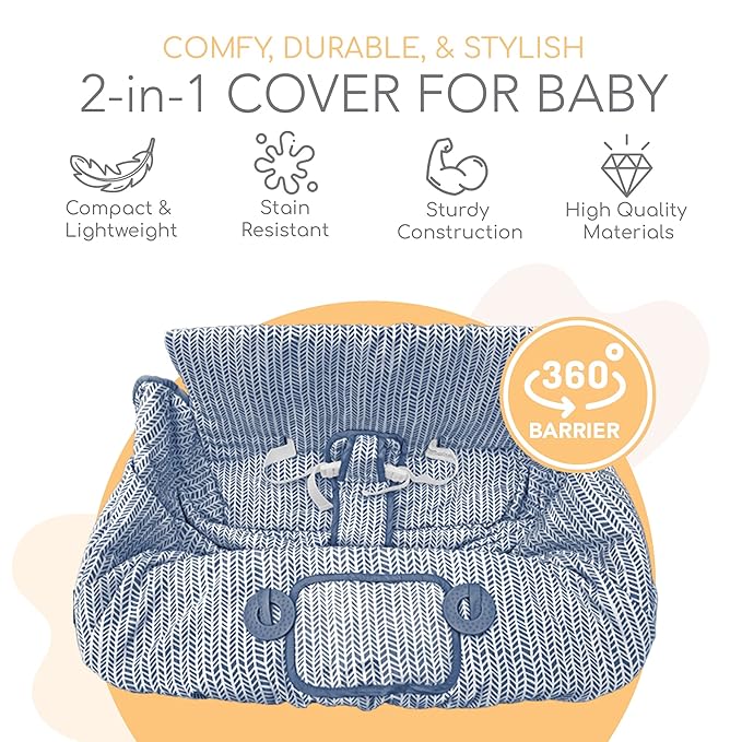 2-in-1 Cushy High Chair Cover and Shopping Cart Cover for Baby, Comfortable Cover for Grocery Cart, Universal Fit Cart Cover for Babies, Includes Storage Pouch - Blue Little Arrows