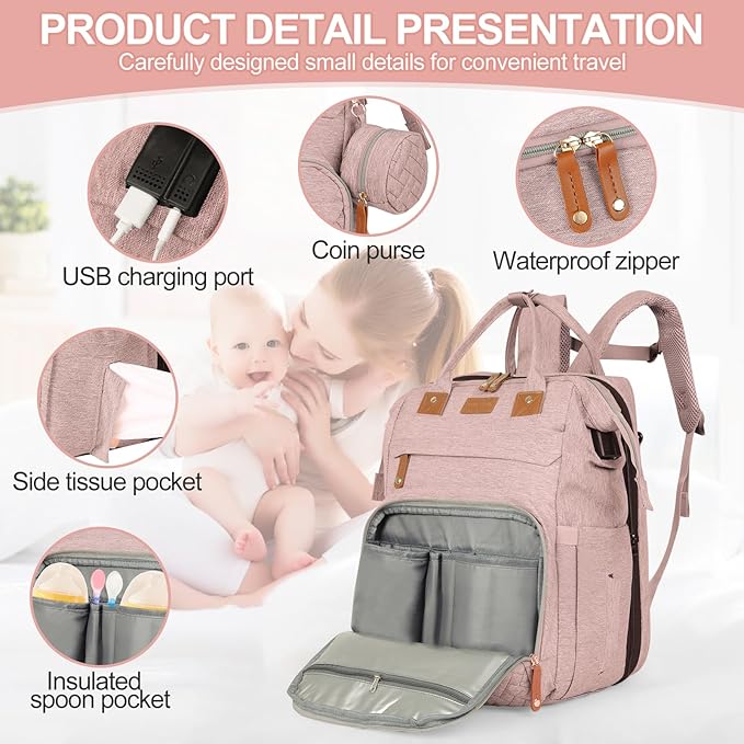 large diaper bag backpack,baby bag with changing station for Boys Girls,Multifunctional Diaper Bag,Mommy Bag With USB Charging Port(Pink)