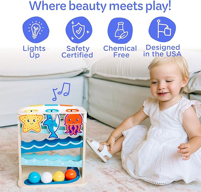 Move2Play, Wooden Ocean Friends, Interactive Toy for 1+ Year Olds, 6 to 12 Months, Baby Toy, 1 Year Old Birthday Gift for Girls, 9-12 Months, 6 7 8 9 10 12+ Months