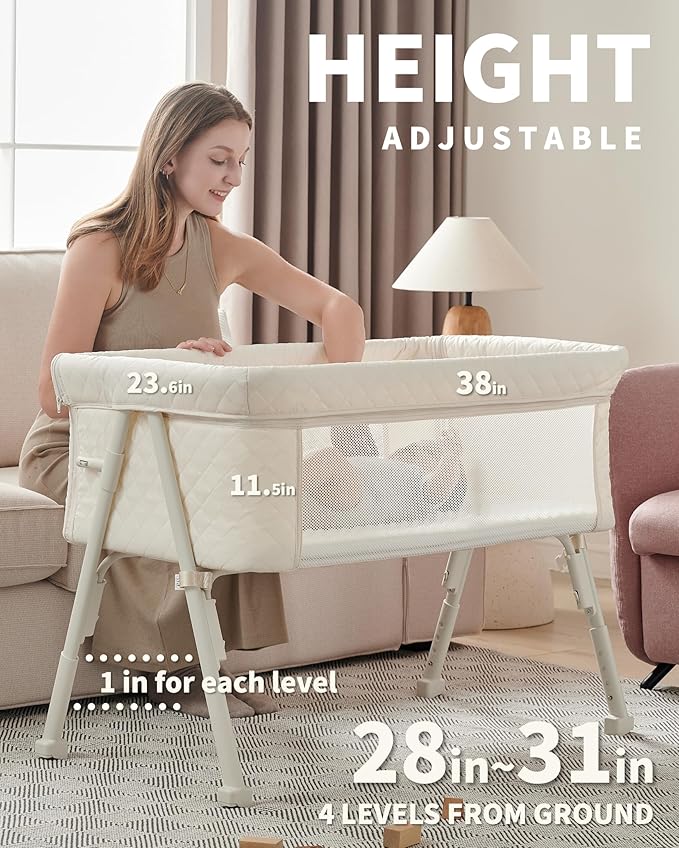 AirClub Bassinet Bedside Sleeper, Baby Crib for Newborn, Baby Bassinets Bedside Sleeper with 4 Auto-Lock & Adjustable Height, Breathable Mesh & Mattress, Bedside Bassinet