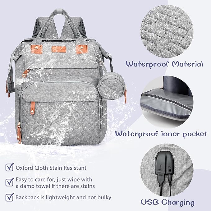 Baby Diaper Bag, Backpack with Changing Table, Unisex Baby Bag, with Diaper Pad, USB Charging Port, Insulated Pacifier Case, Multifunctional Waterproof Travel Diaper Bag, Gift for Newborn Baby (Grey)