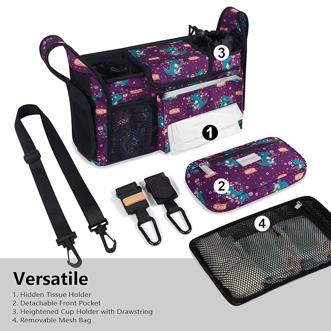 TOPDesign Universal Baby Stroller Organizer, Stroller Caddy with Detachable Mesh Bag & Heightened Insulated Cup Holders & Non-Slip Secure Hooks Accessories, Fits Most Strollers (Music Crocodiles)