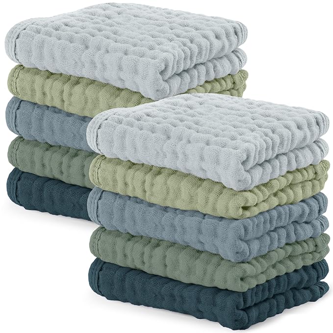 Comfy Cubs Muslin Baby Washcloths 10 Pack - Soft 6-Layer Cotton Wash Cloths for Sensitive Skin - 10"x10" Large, Gentle, Absorbent Infant Essentials for Newborn and Toddlers - Multi Boy