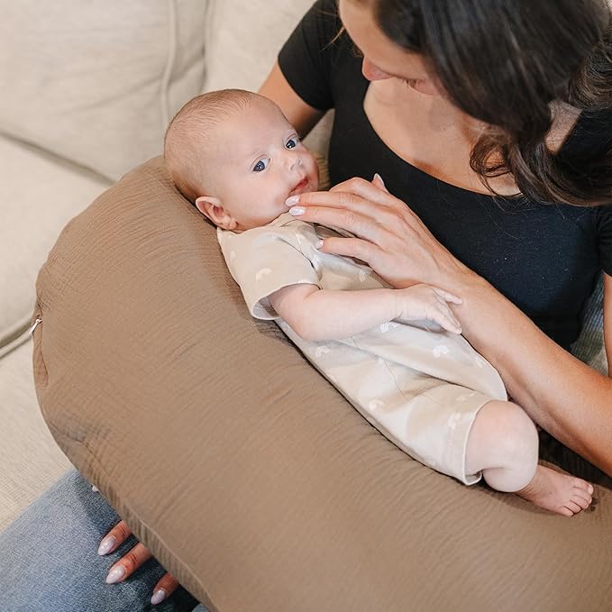 Konssy 2-Pack Muslin Nursing Pillow Covers, Soft & Adorable Nursing Covers for Breastfeeding Pillows, Slipcovers for Newborn Boys & Girls(Brown,Cream)