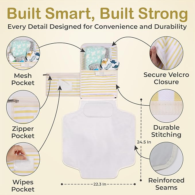Portable Diaper Changing Pad - Newborn Essentials, Waterproof, Extra Wide & Long, Padded Foldable Wipeable Mat, Travel Bag, Baby Registry Gift, Wipes Pocket, Eco-Friendly (Yellow)