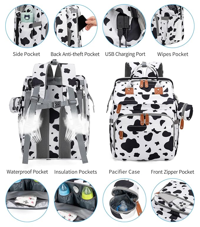 KABAQOO Diaper Bag Backpack with Detachable Changing Station, Large Capacity Baby Diaper Bags for Boys & Girls, Baby Registry Search Stuff & Shower Gifts, Newborn Essentials Must Haves, Cow