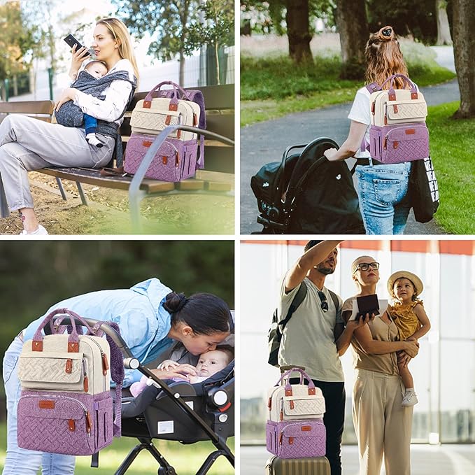 Diaper Bag Backpack, Large Unisex Baby Bags for Boys Girls, Purple Baby Nappy Diaper Bag, Multipurpose Travel Back Pack for Moms Dads with Insulated Pockets and Stroller Straps