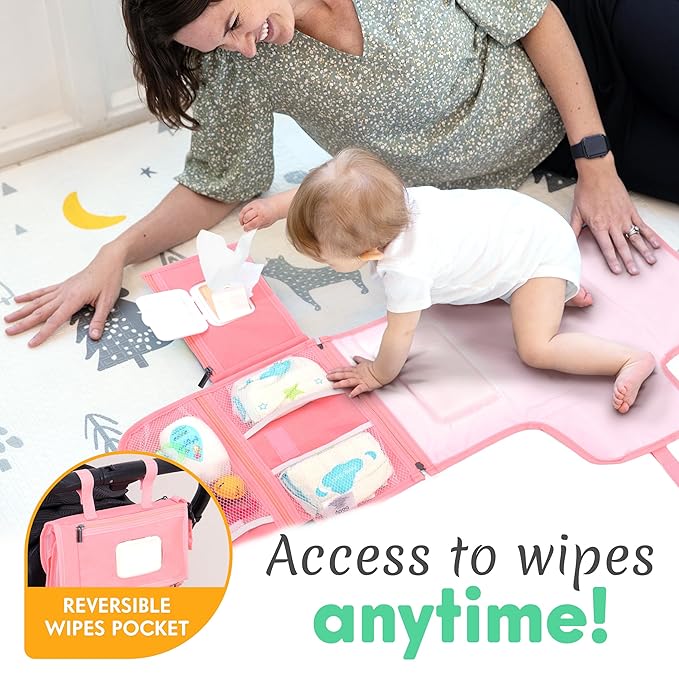 Kopi Baby Portable Diaper Changing Pad - Baby Diaper Changer Travel Bag with Wipes Pocket, Smart Design Portable Changing Mat, Infant Travel Station Kit, Gift for Newborn Girl & Boy - Pink, Premium