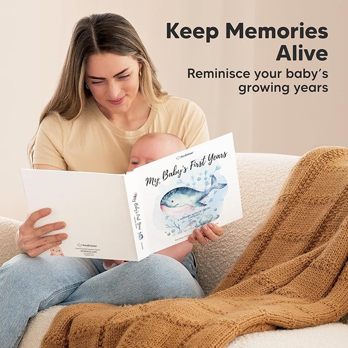 First 5 Years Baby Memory Book Girl, Boy - 90 Pages Hardcover First Year Milestone Keepsake Book, Newborn Scrapbook for New Parents, Minimalist Photo Album Journal, Gift for Baby Shower (SeaWorld)