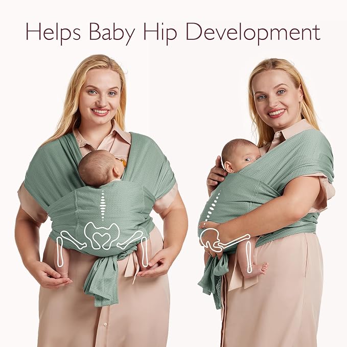 Momcozy Adjustable Buckle Baby Wrap Carrier Cooling Air-Mesh, Easy to Wear Baby Carrier Sling, Baby Carriers Newborn to Toddler 8-35lbs, Suit for Waist 47-57inch,Plus Size Grey Green