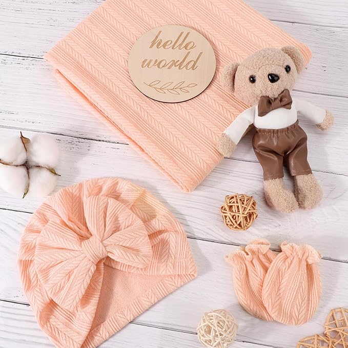 Newborn Receiving Blanket with Bow Hat Mittens Wooden Card Set Wheat-Pattern Newborns Toddler Baby Boy Girl Nursery Swaddle Wrap