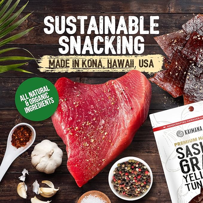 Kaimana Ahi Tuna Jerky Garlic Pepper 2 Ounce - Soft and Tasty - Premium Fish Jerky Made in the USA. High in Omega 3's, All Natural and Wild Caught