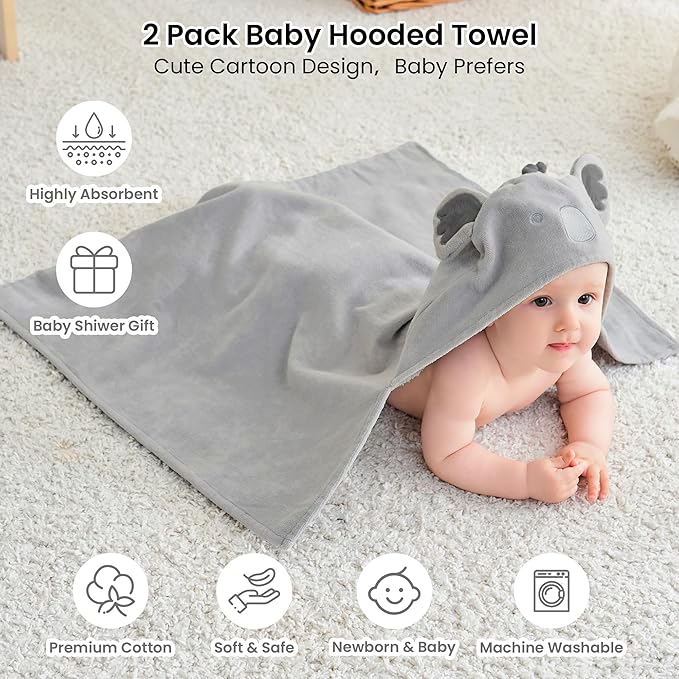 Mooreeke 2 Pack Baby Towels - 100% Cotton Baby Hooded Towels - Soft Baby Bath Towels with Hood for Newborn - Comfort Towels for Baby Girls and Boys - Animal Shaped Design (Puppy & Koala)