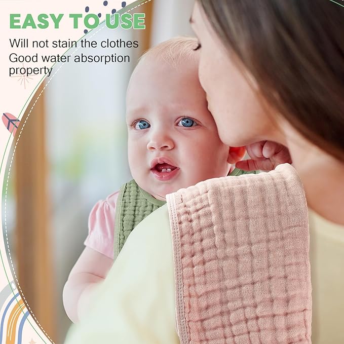 Tallew 8 Pack Baby Bibs and Muslin Burps for Baby Boy Girl Drooling and Teething 20" x 10" Burp Cloths Absorbent Rag Soft Cotton Bibs for Newborn Toddler Infant 0-24 Month Essentials(Vivid Color)