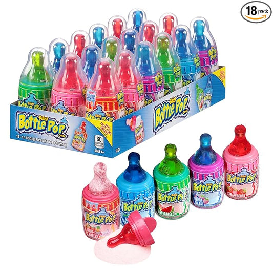 Baby Bottle Pop Candy Lollipop, 18 Ct Bulk Lollipops with Dipping Powder in Assorted Fruity Flavors, Full Size, Individually Wrapped Hard Candy For Gender Reveal, Baby Showers, Goodie Bags & Parties