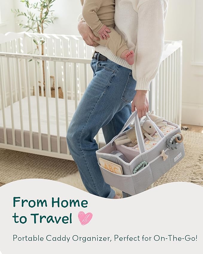 Lily Miles Baby Diaper Caddy Organizer, Girl Nursery Storage Basket with 8 Pockets, Baby Organizer and Storage, Easy-to-Clean Fabric, Large, Pink Blush