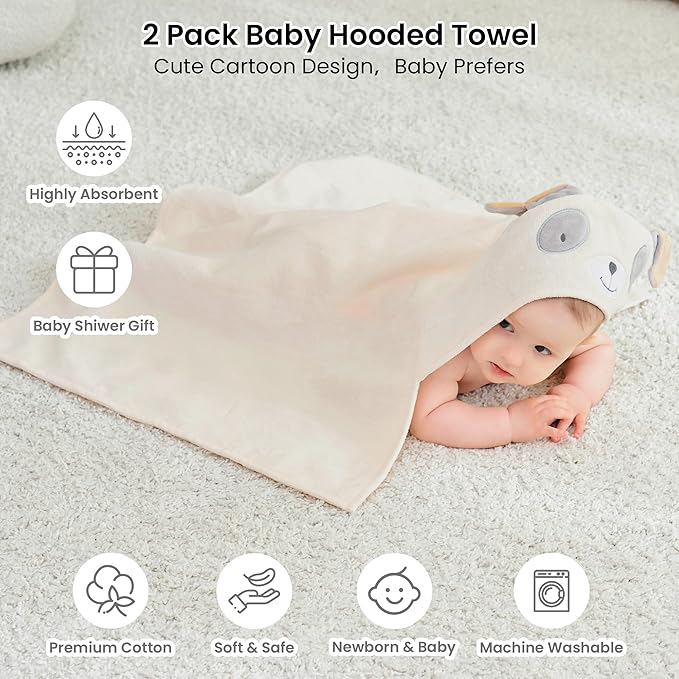 Mooreeke 2 Pack Baby Towels - 100% Cotton Baby Hooded Towels - Soft Baby Bath Towels with Hood for Newborn - Comfort Towels for Baby Girls and Boys - Animal Shaped Design (Puppy & Unicorn)